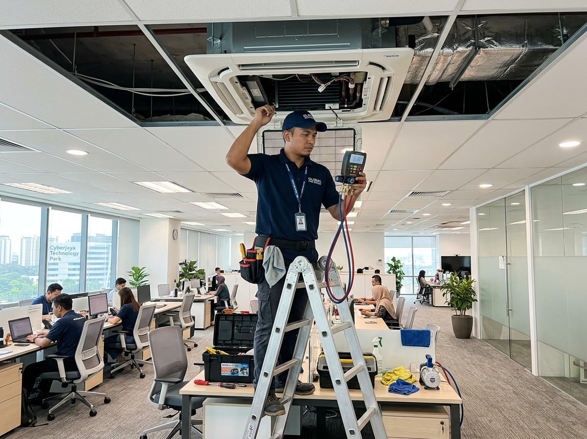 Geng Aircond technician servicing a 4-way ceiling cassette in a Shah Alam corporate tech office