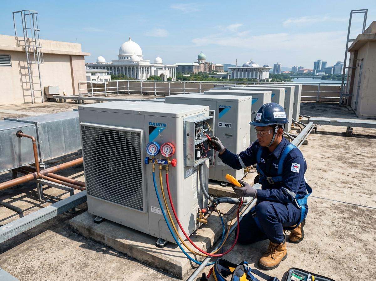 Geng Aircond certified technician checking commercial rooftop aircon condenser fleet in Shah Alam